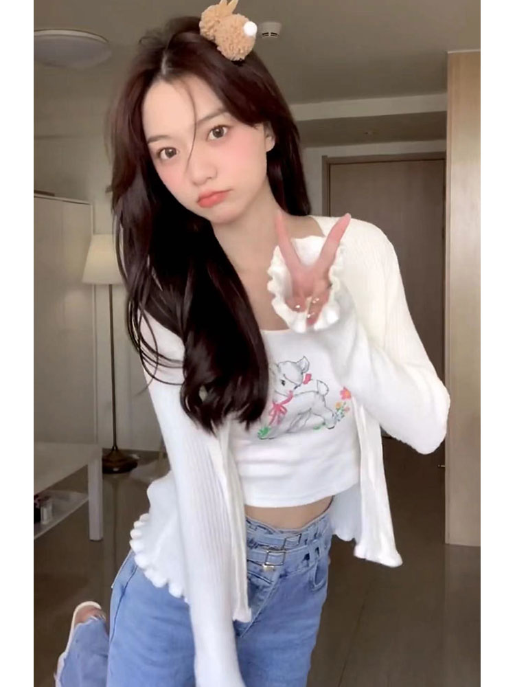 Camisole Cardigan High Waist Flared Jeans Red - Shop at LoveMi