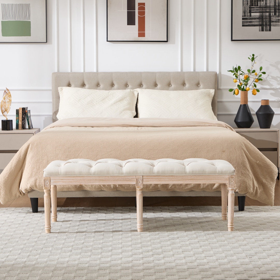 Banc de chambre à coucher, banc d'entrée capitonné vintage français – Image 9