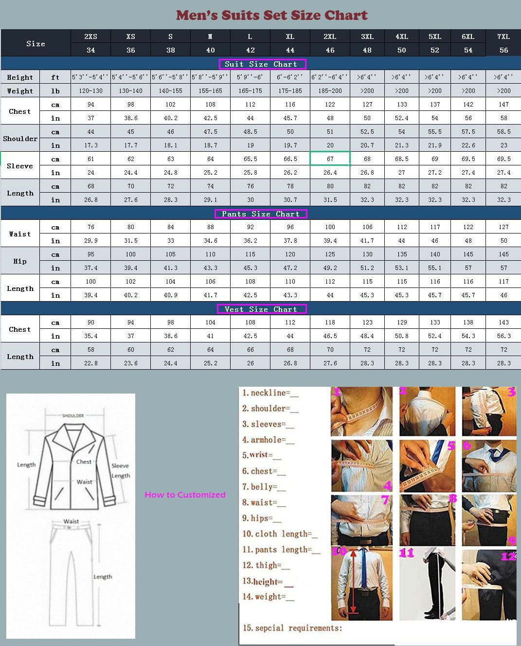 Men's Black Satin Tuxedo Suit - Size Chart