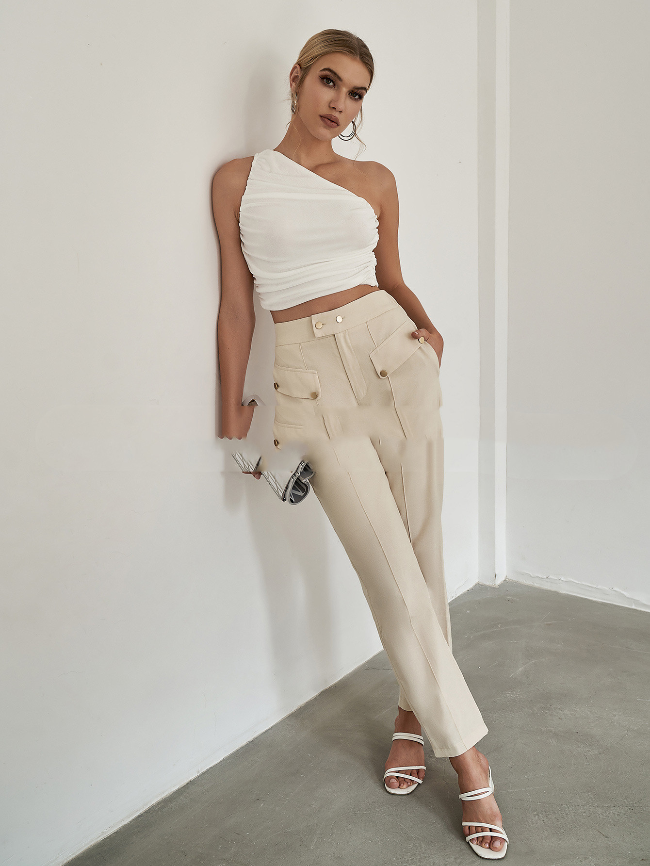 Trousers High Waist Brown Beltless Chinoiserie Straight Leg Pants