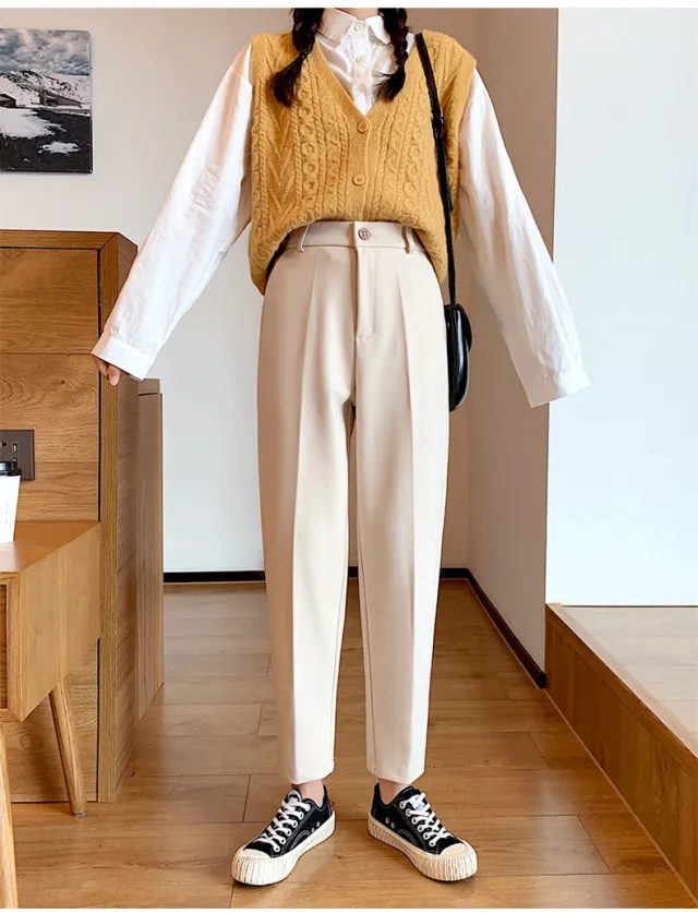 Autumn And Winter Women's High Waist Straight Tube Loose Cropped Suit Pants Off White - Shop at LoveMi
