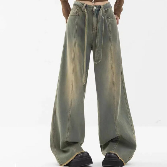 Retro Blue Jeans Women's Straight Loose Wide Leg Pants Dark Wide Foot Mopping
