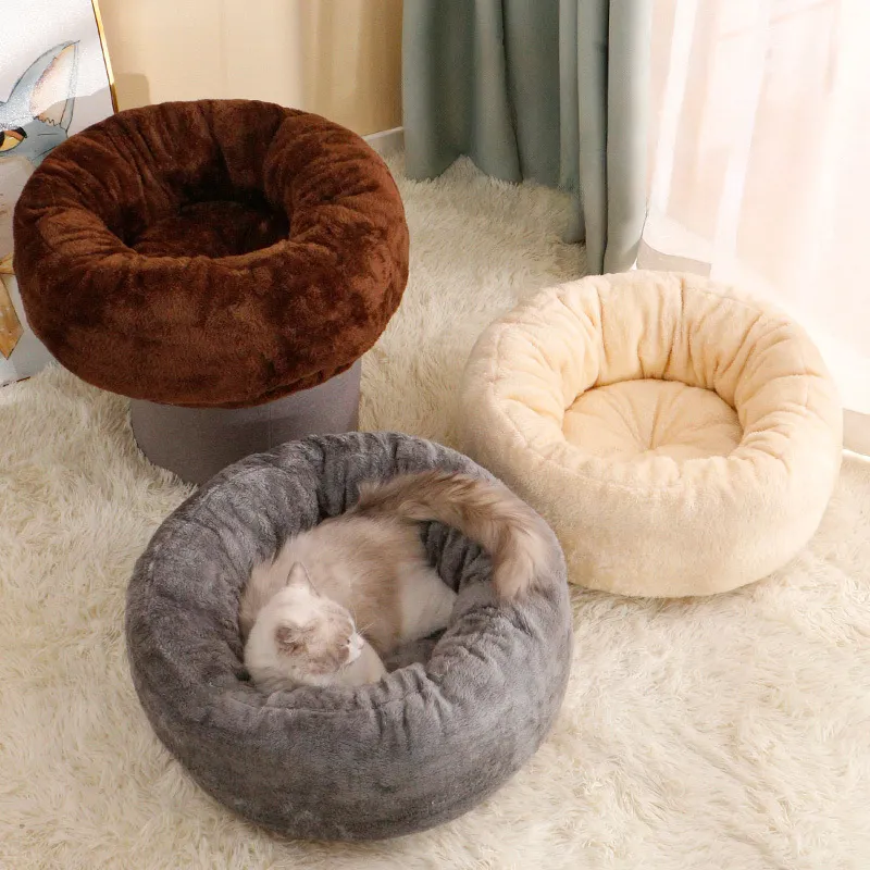 Pet Dog Bed Long Plush Donut Round