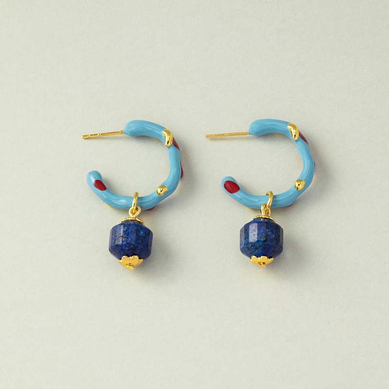 Title 2, Coral Enamel Glaze Natural Lapis Earrings