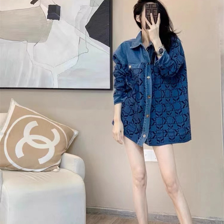 Vintage Jacquard Denim Stitching Knitted Shirt All-match Women's Jacket