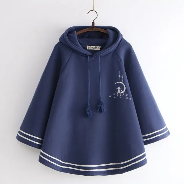 Cartoon Moon Cat Embroidered Plus Velvet Warm Cloak Type Sweater Navy Blue - Shop at LoveMi