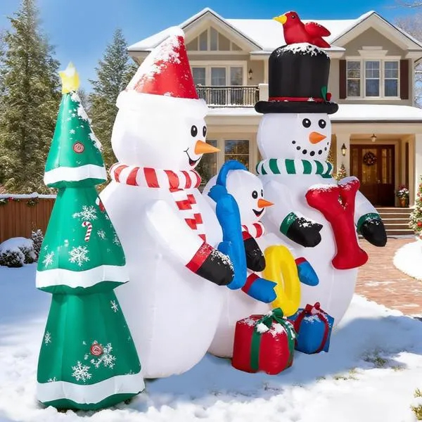 8FT Lighted Christmas Inflatable Decoration, Inflatable Snowman Family With JOY And Xmas Tree, Funny Blow… image 3
