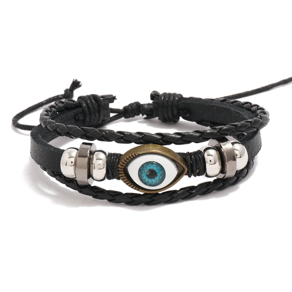 Vintage Alloy Eyes Cowhide Bracelet PU Braided Beaded Bracelet
