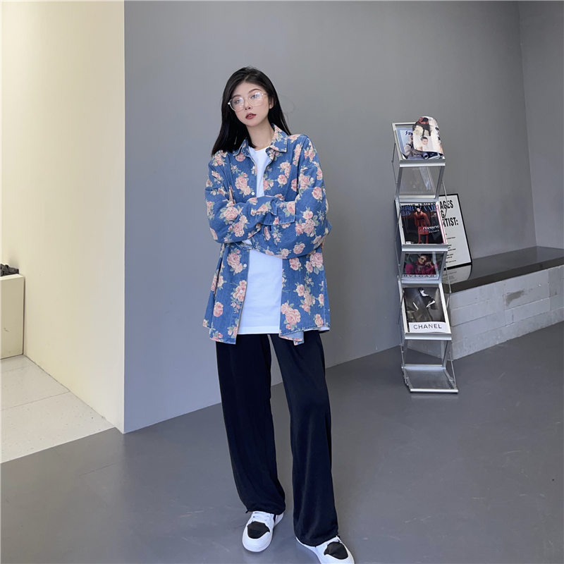 Color Printed Long-sleeved Denim Shirt Women