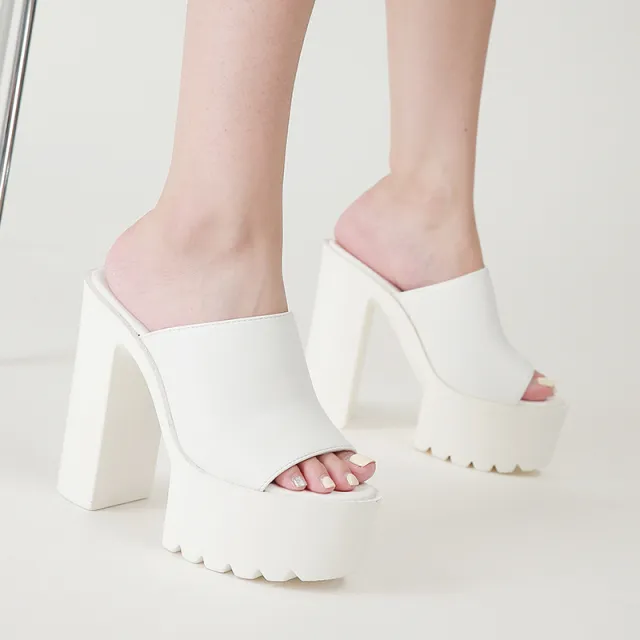 European And American Thick High heel Platform Platform Slippers White - Shop at LoveMi