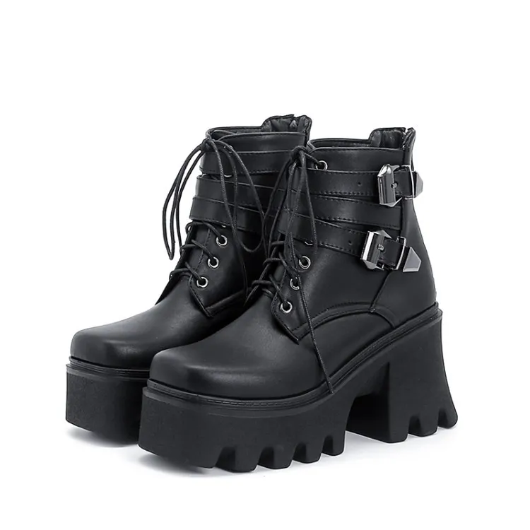 Pu Front Lace-up Belt Buckle High Chunky Heel Ladies - Black