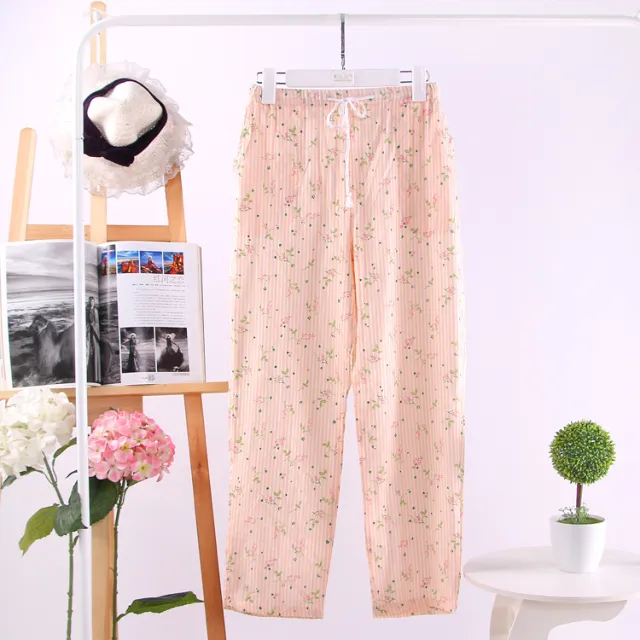 Women's Cotton Double Layer Gauze Multicolor Home Pajama Pants Pink Vertical Striped Flower - Shop at LoveMi