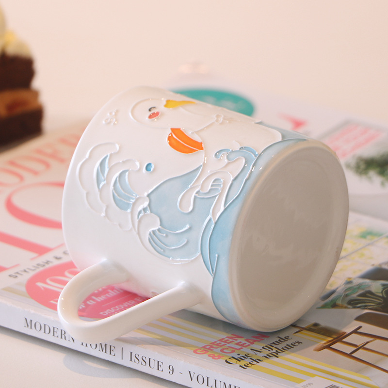 Creative Hand-painted Three-dimensional Line Duck Cream Blue Ceramic Mug