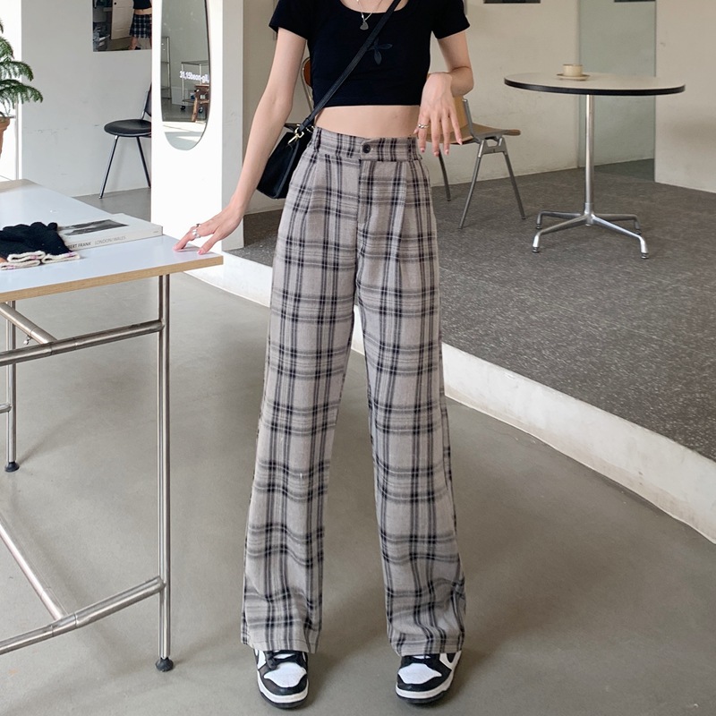 Plaid Pants Women Wide Legs High Waist Down Feeling Small