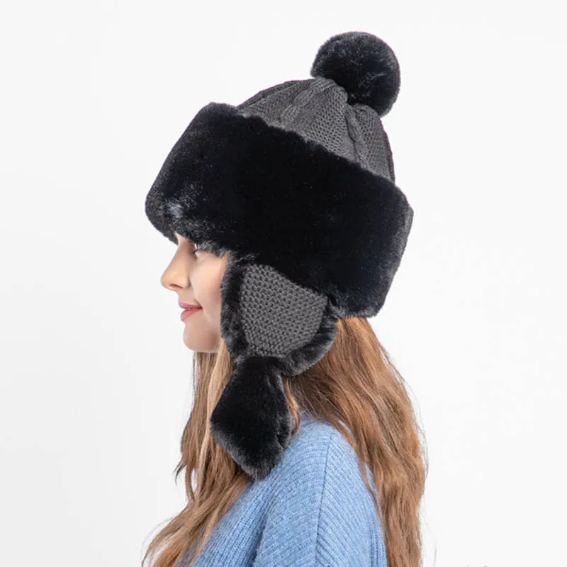 Adult Rabbit Fur Earmuffs And Fleece Lei Feng Hat - Black