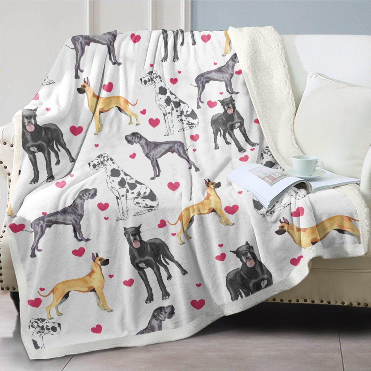 Great Dane Dog Blanket Red Heart Puppy Print Sherpa Fleece Throw Blanket Funny Kawaii Dog Portrait Plush Blankets Love Pets Gift For Women Kids