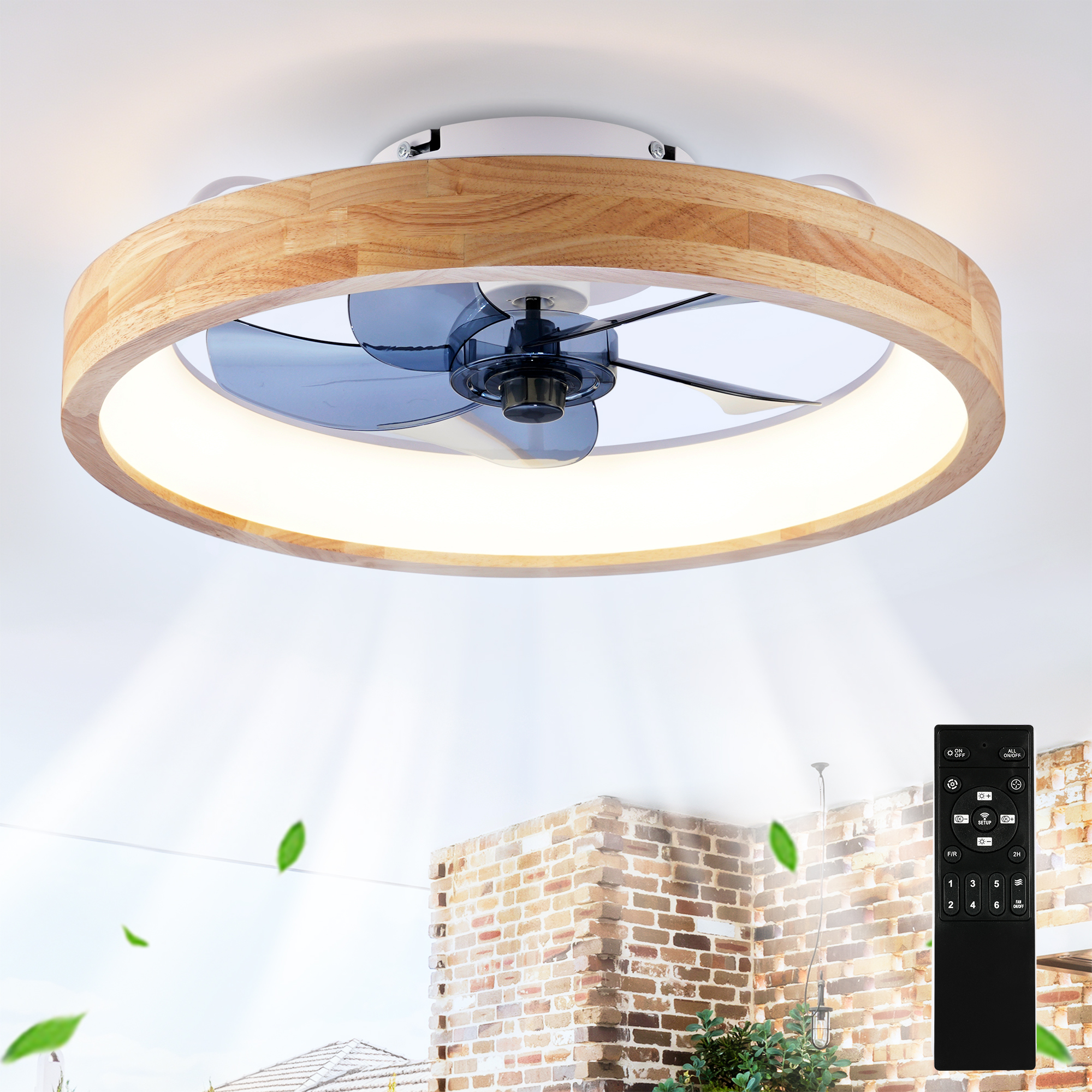 20in  Ceiling Fans With Lights And Remote, 3000-6500K Dimmable Modern Flush Mount LED Fan Light, 6 Speeds  Quiet DC Motor For Living Room, Bedroom,Kitchen--Wood--Matte White