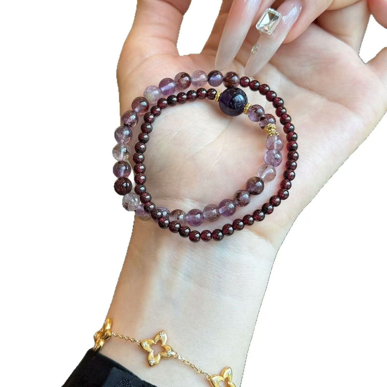 Natural Garnet  Amethyst Bracelet Multi Layer Two Tone Beaded Chain Energy Jewelry For Women