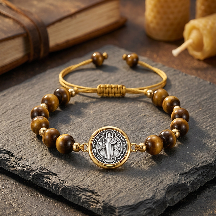Saint Benedict Medal Bracelet, Tiger Eye Round Stone Bead With Gold Spacer, Adjustable Braided Knot Cord Bangle, Men Women Vintage Religious Daily Sta