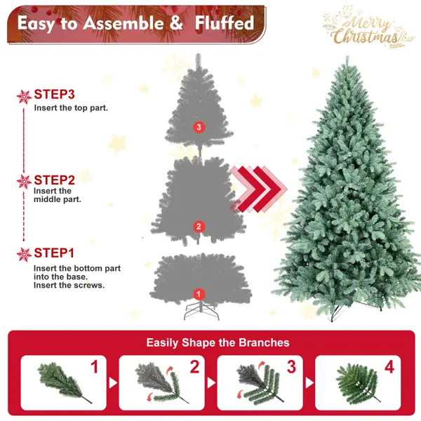 Artificial 6ft Blue Green Tint Christmas Tree With 1390 PE PVC Mixed Branch Tips, Memory Wire Iron Wire, Hinged Premium & Foldable Base For Indoor Holiday Decor