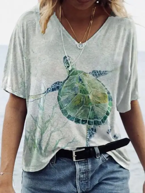 Ladies' New Explosive Style Abstract Painting Tortoise Print Short Sleeve T-shirt