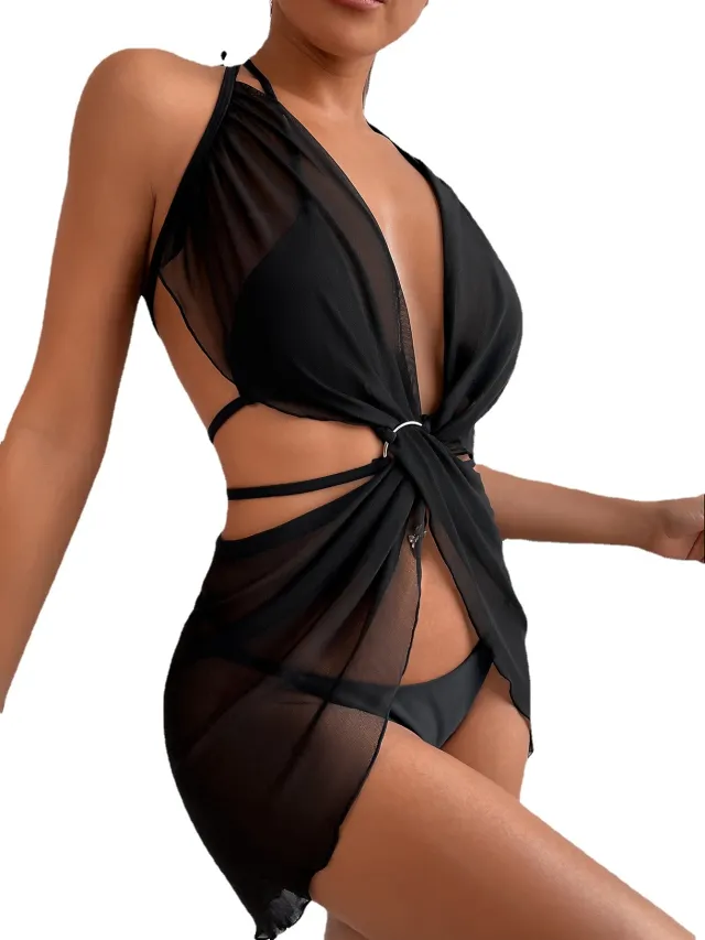 Mesh Swimsuit Ladies Black Bikini Three Piece Set Black - Shop at LoveMi