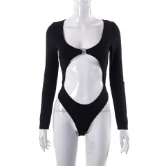 Women's Spring New Solid Metal Bodysuit - Black - View 1