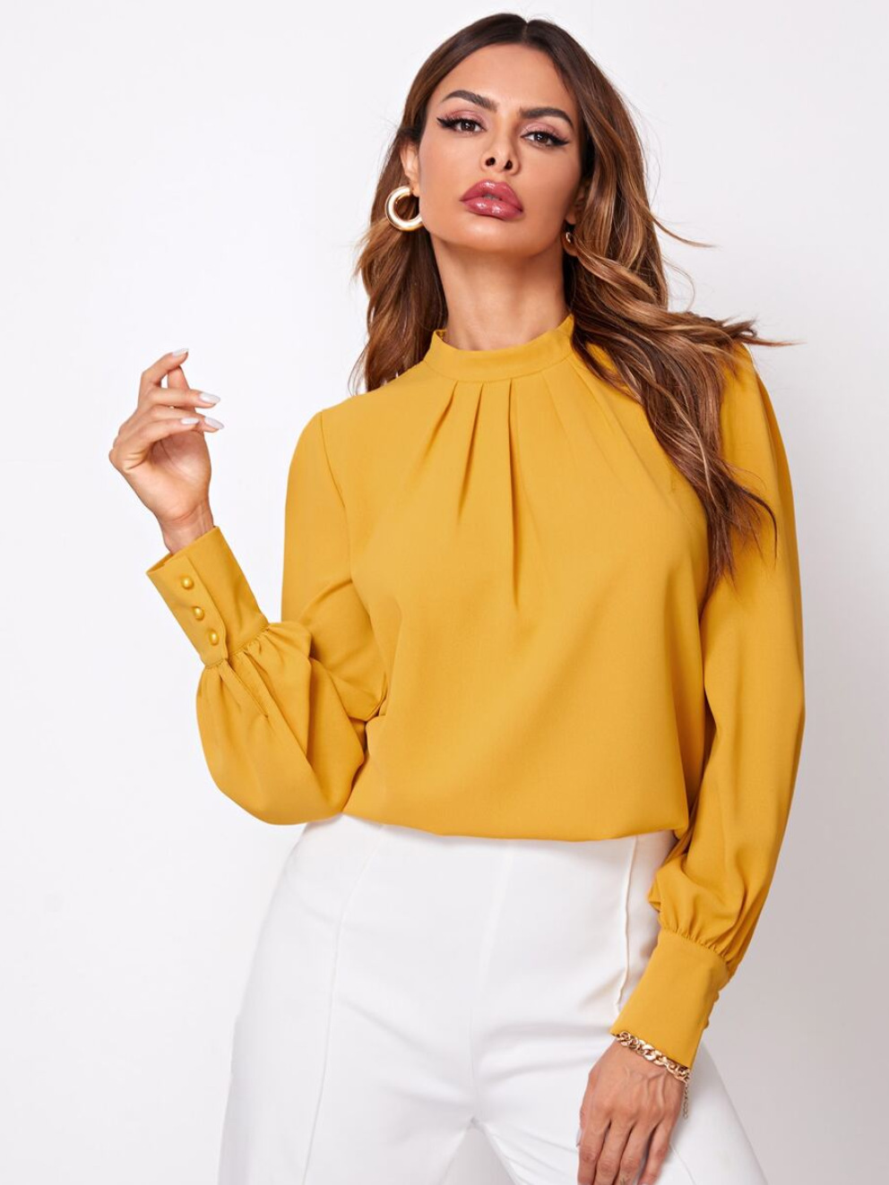 New Style Sleeve Chest Pleated Stand Collar Lady Chiffon Shirt Tan - Shop at LoveMi