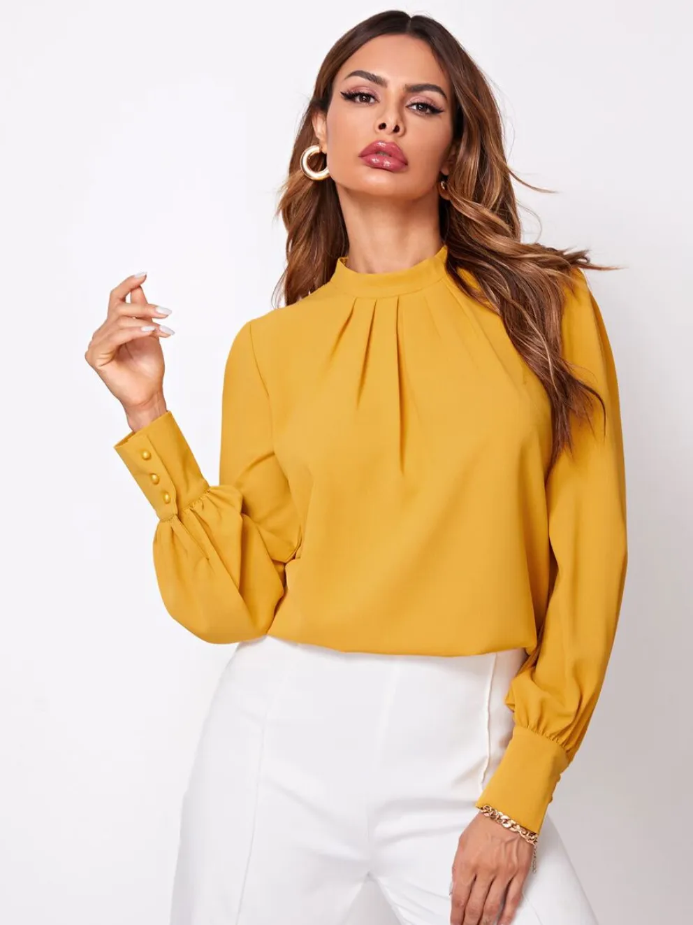 New Style Sleeve Chest Pleated Stand Collar Lady Chiffon Shirt - Tan