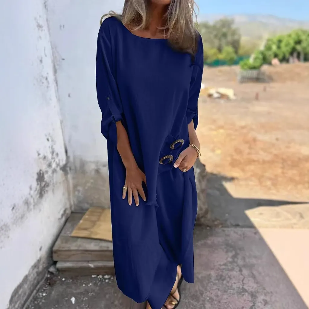 Loose Irregular Long Suit With Metal Button Design Round Neck Long-sleeved Top And Straight Trousers Fashion Wide-leg Pants Women's Clothing - Blue