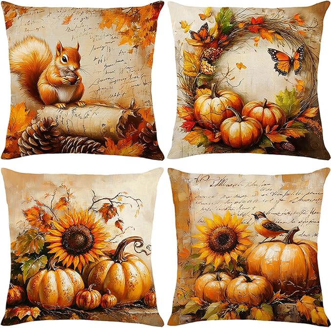 4-Piece Fall Linen Pillow Covers, 18x18 Inch Vintage Floral Pumpkin Squirrel Decorative Cushion Covers