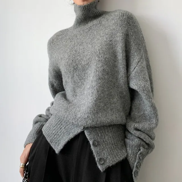 White Turtleneck Sweater Pullover Button Grey - Shop at LoveMi