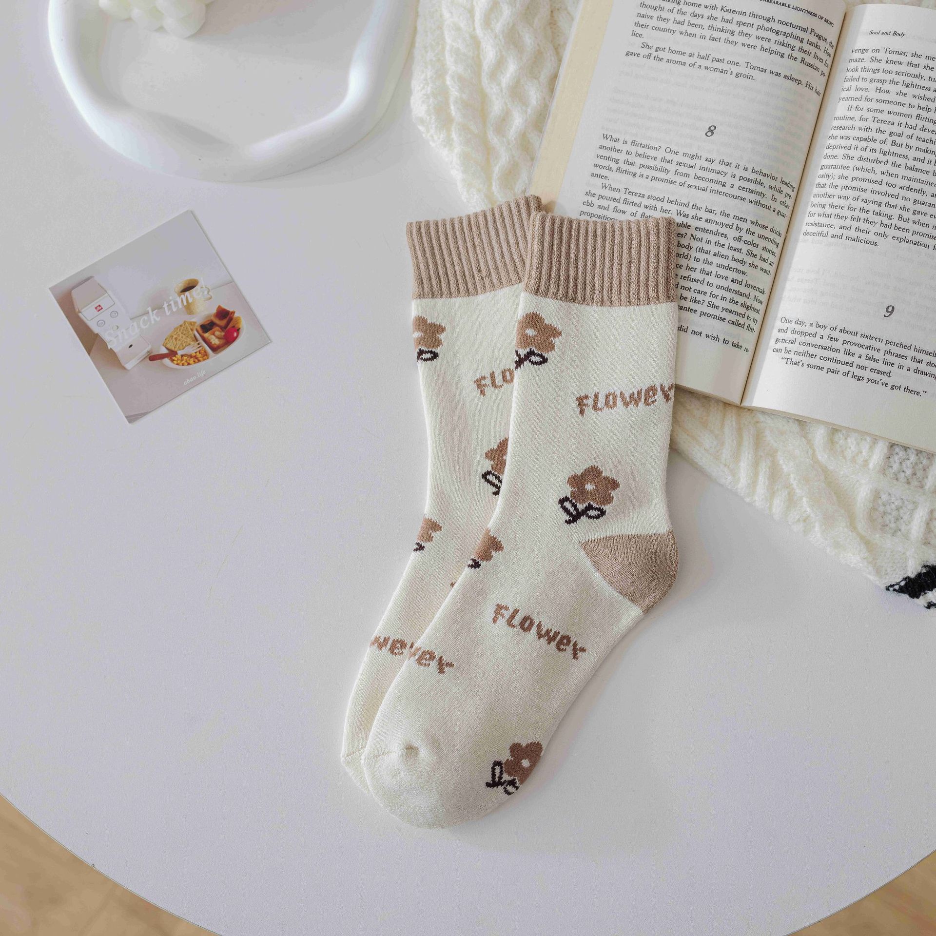 Socks Female Coffee Color System Wool Ring Plaid Towel Casual Thickened Warm Mid tube Socks Flowers - Shop at LoveMi