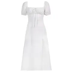 Square Neck Waist High Slit Puff Sleeve Dress - White - View 1
