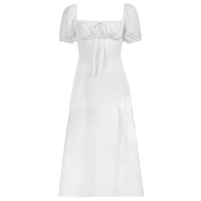 Square Neck Waist High Slit Puff Sleeve Dress White - Shop at LoveMi