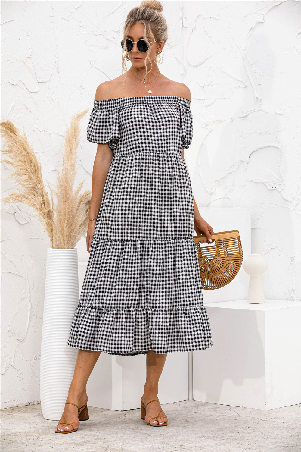 Summer New Ladies Sexy One-Shoulder Plaid Dress
