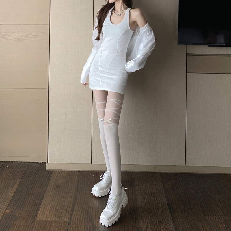Anti-snag Sheer White Fake Thigh Highs with Lace-Up Bow