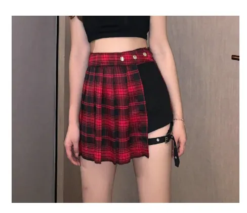 Work Clothes Plaid Skirt Female Summer Cool Girl Wear A Tactical Skirt Red - Shop at LoveMi