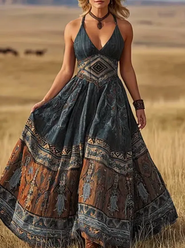Deep V-neck Fitted Waist Full Skirt Sleeveless Long Vacation Dress For Women - Gray
