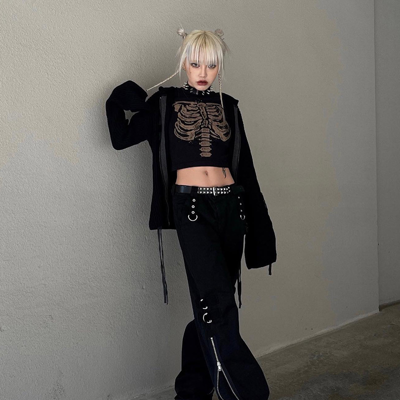 Retro Dark Round Neck Skeleton Print Ladies Top