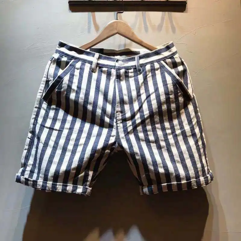 Trendy Workwear Retro Navy Blue And White Canvas Striped Five-point Pants