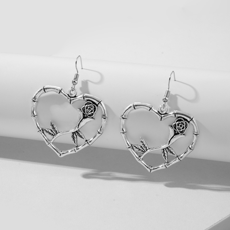 Vintage Antique Silver Dried Rose Flower Branch Heart Pendant Earrings For Women