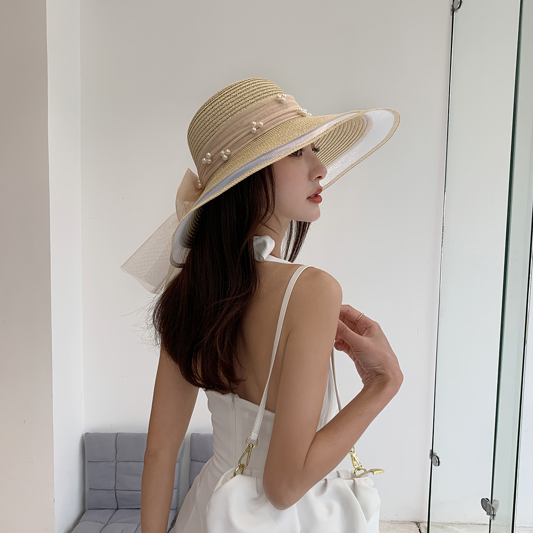 Big Brim Pearl Straw Hat With Bow Visor