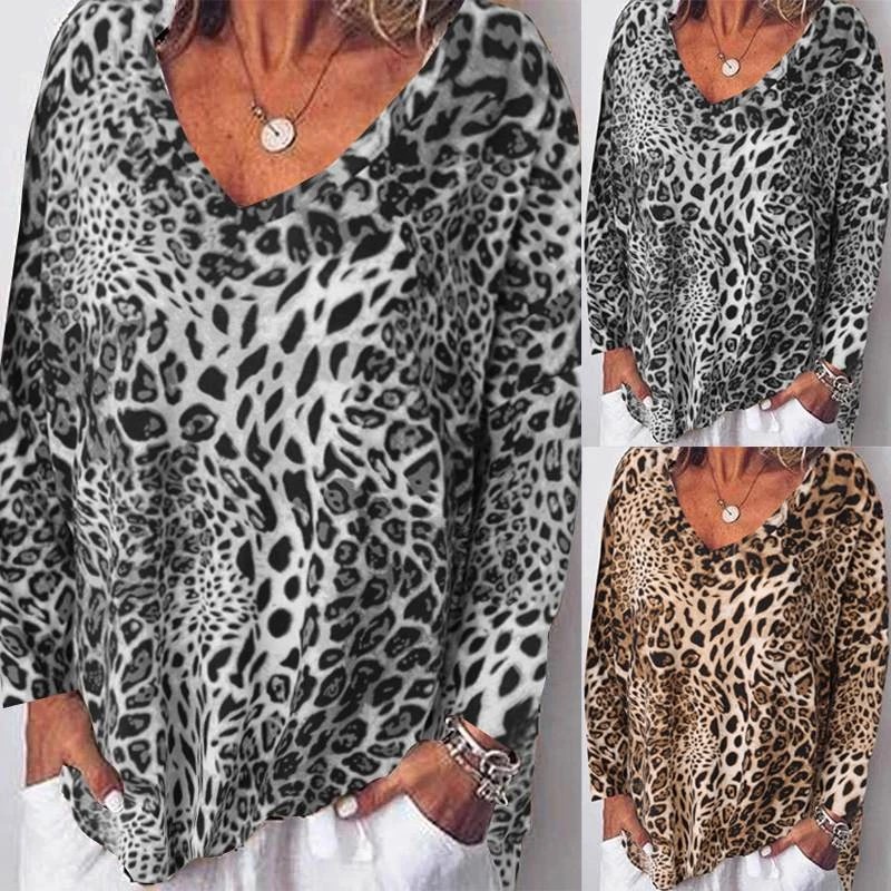 Title 3, Leopard Print Casual V-Neck Top Long Sleeve Blouse