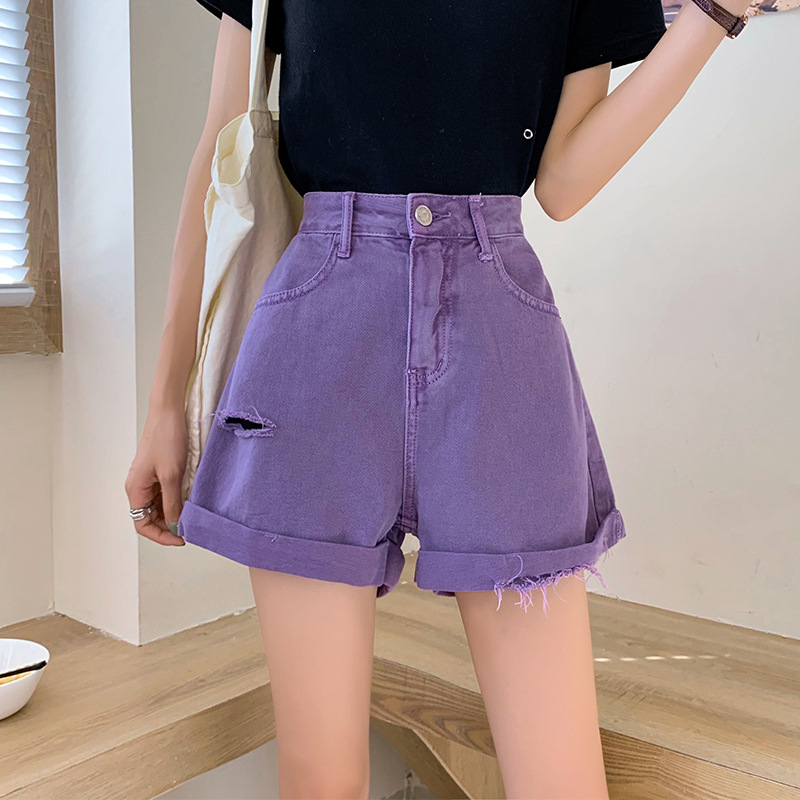 Korean Version Of Torn Denim Shorts For Women Purple - Shop at LoveMi