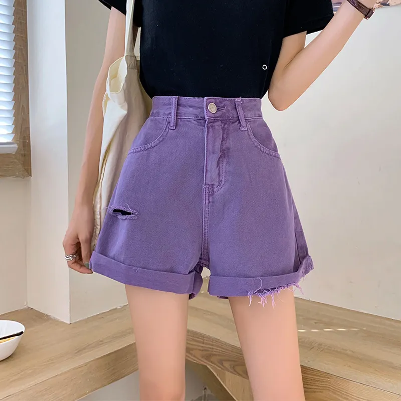 Korean Version Of Torn Denim Shorts For Women - Purple