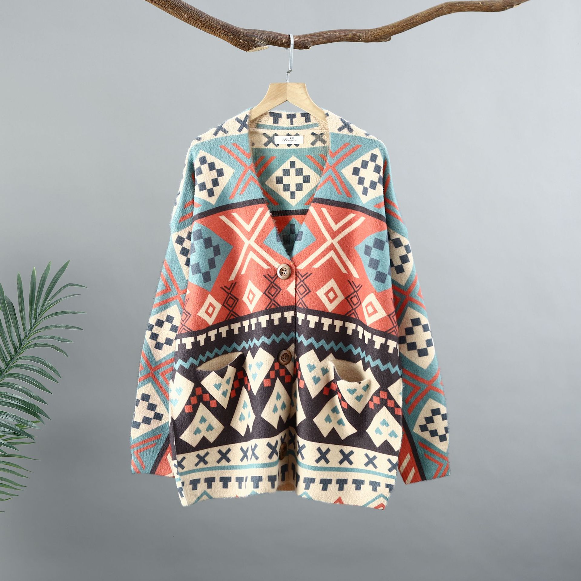 Fashion Plaid Printed Loose V-Neck Cardigan