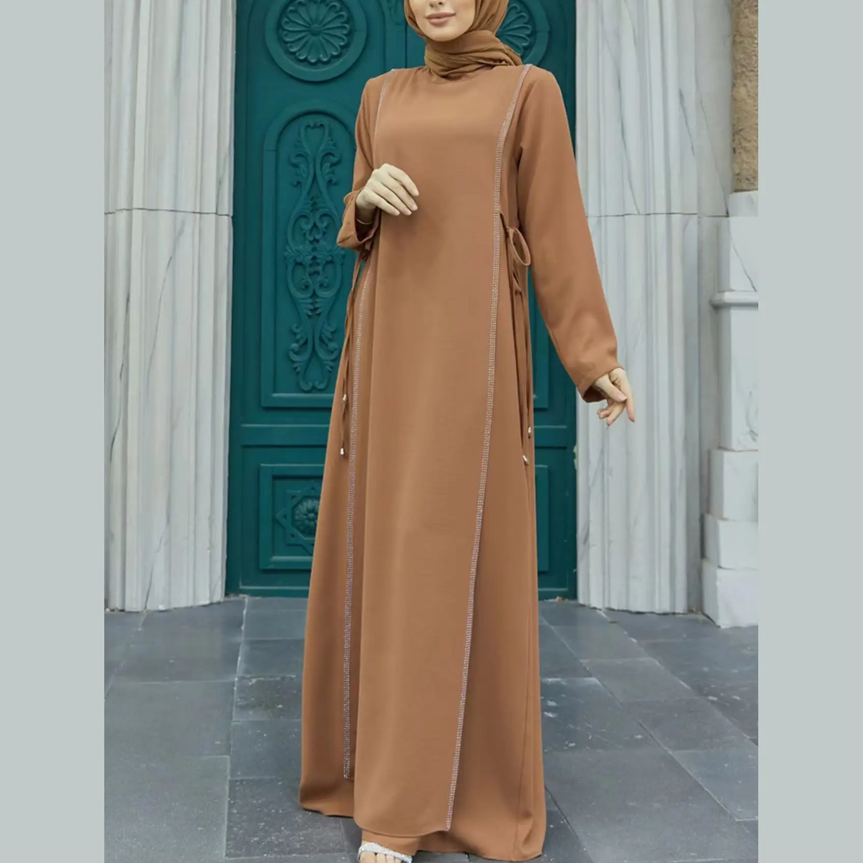 Simple Women's Round Neck Loose A- Line Skirt Long Sleeve Lace Dress