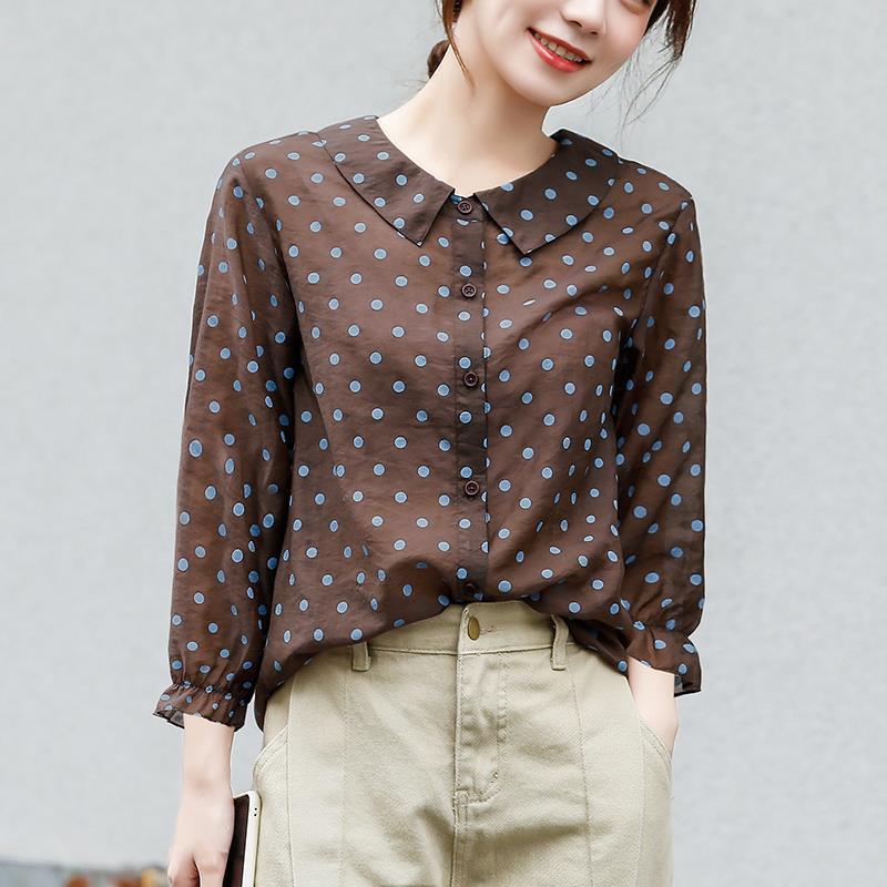 Loose And Thin Three-quarter Sleeves Polka-dot Shirt Spring New Design Sense Light Mature Doll Collar Shirt Tide