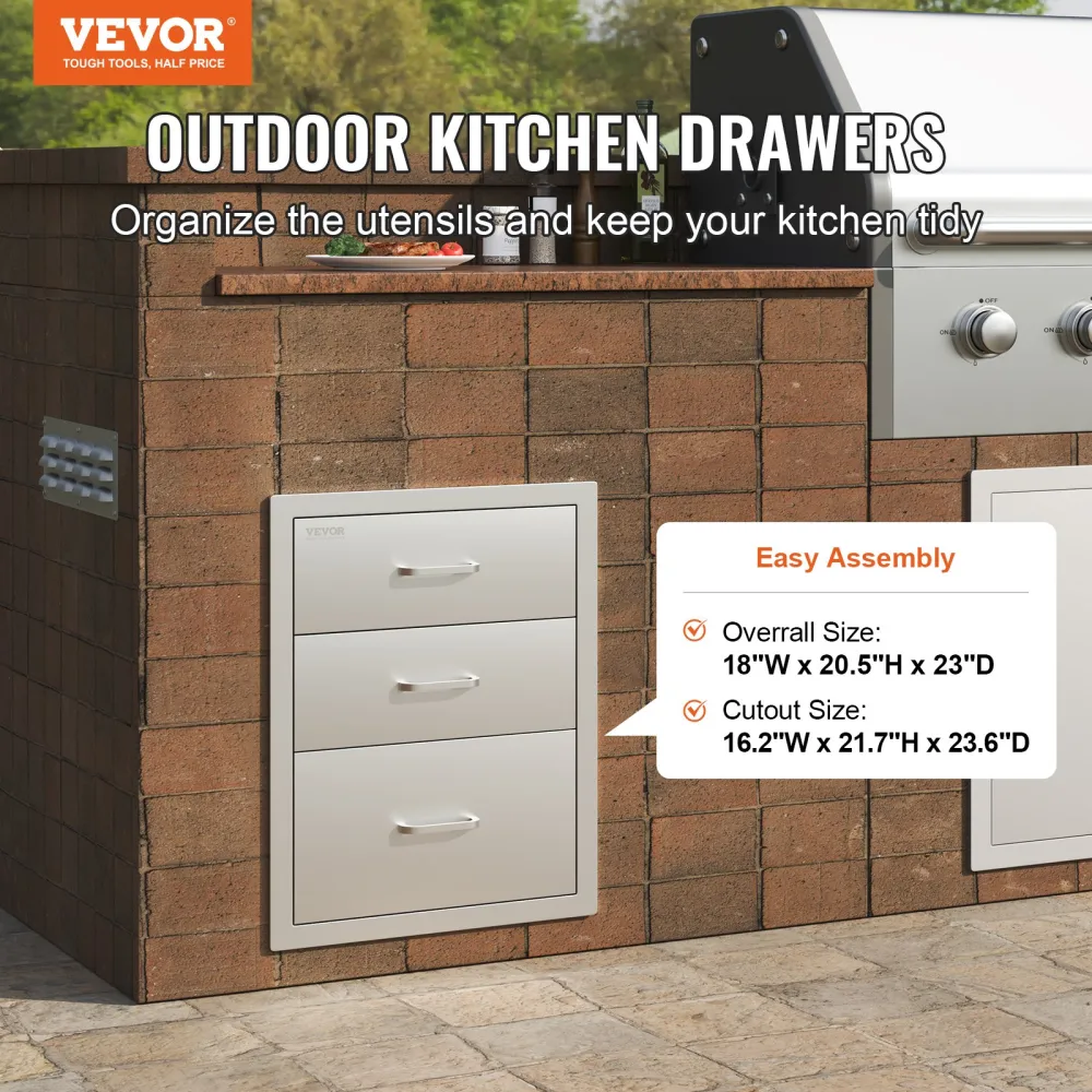 VEVOR 18x20.5 Inch Outdoor Kitchen Stainless Steel Triple Access BBQ Drawers With Chrome Handle, 18 X20.5 X 23 Inch